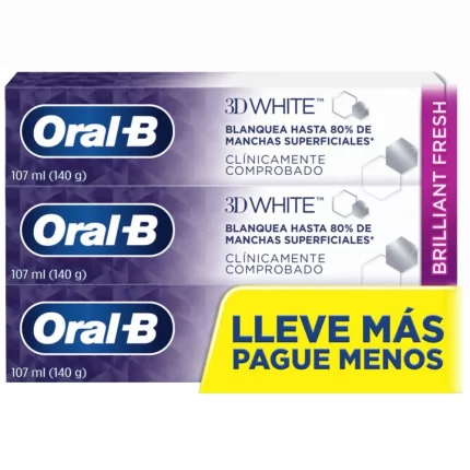 Pasta Dental Anticaries ORAL-B 3D White Brilliant Fresh con Flúor 107ml Paquete 3un