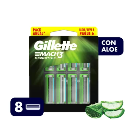 Repuesto para Máquina de Afeitar GILLETTE Mach3 Sensitive para Piel Sensible Paquete 8un